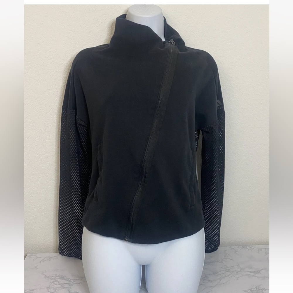 Adidas Assymetrical Full Zip Jacket Womens S Black Lined Mesh Back Sleeve U1 - Picture 1 of 5